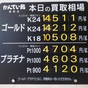 【金プラチナ　ジュエリー　買取　盛岡】１／２２(水)金プラチナ買取相場です