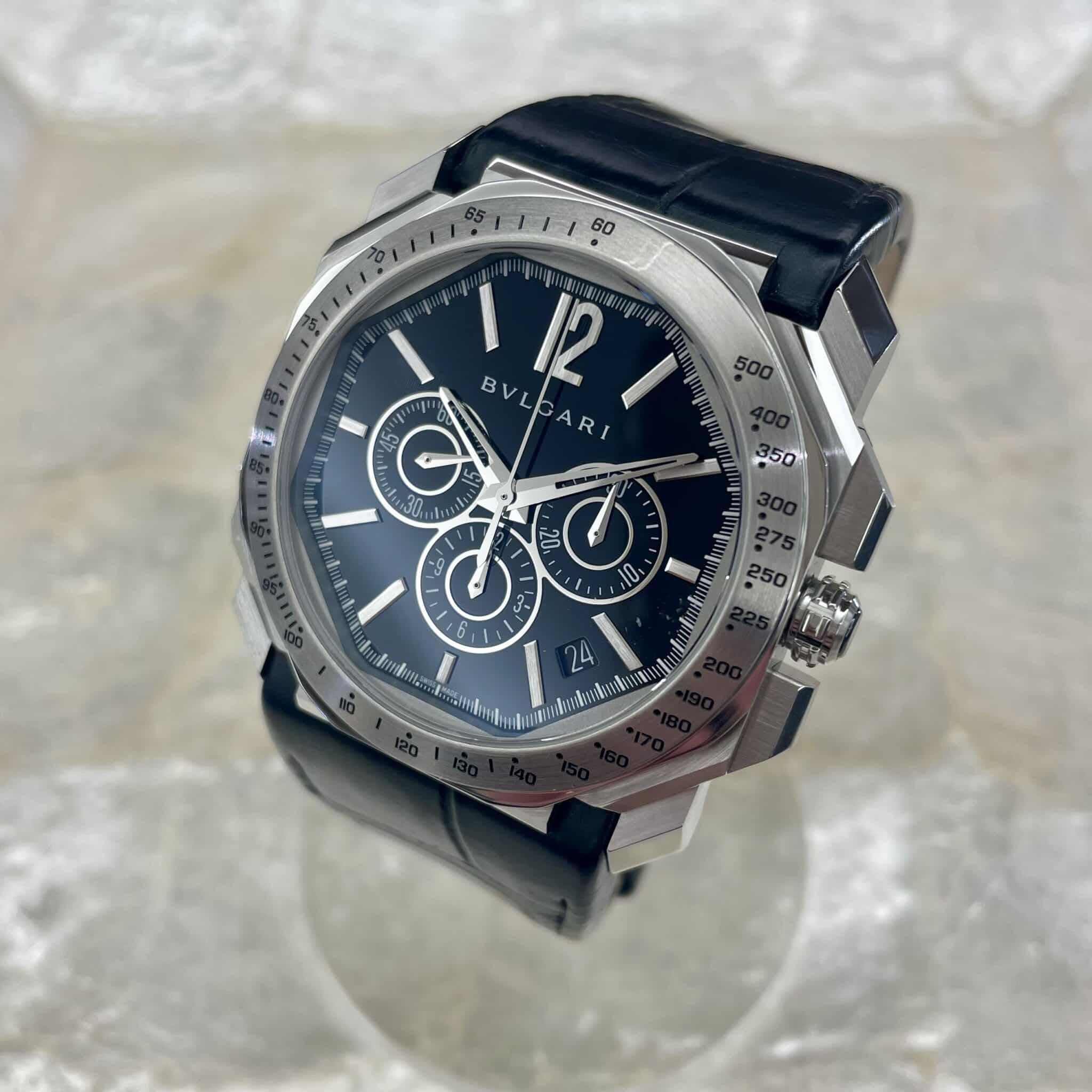 【時計 販売】八角形の文字盤が個性的で素敵なブルガリのオクト ヴェロチッシモ クロノグラフが入荷しました🖤💙